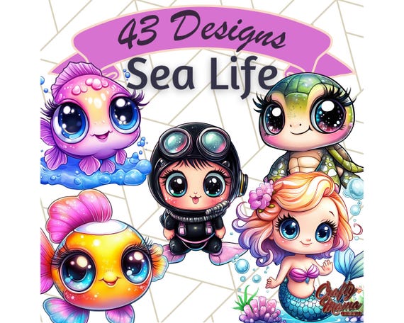 Cute Sea Creatures Clipart, Kawaii Ocean Animals PNG, Under the Sea Digital Art, Mermaid and Sea Life Graphics, Kids Ocean Theme Clipart
