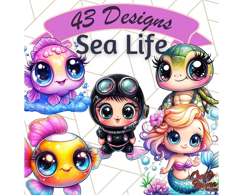 Pu&ograve; includere: 43 Designs Sea Life - Un set di illustrazioni di cartoni animati colorati che rappresentano un pesce rosa, una tartaruga verde, un subacqueo, un pesce giallo e una sirena.