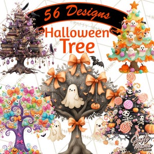 May include: A digital illustration featuring multiple Halloween tree designs. The trees are decorated with ghosts, bows, pumpkins, and other festive elements. The text "56 Designs Halloween Tree" is displayed at the top.