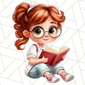 May include: A cartoon illustration of a young girl with red hair wearing glasses and a white shirt, sitting with her legs crossed and reading a red book.