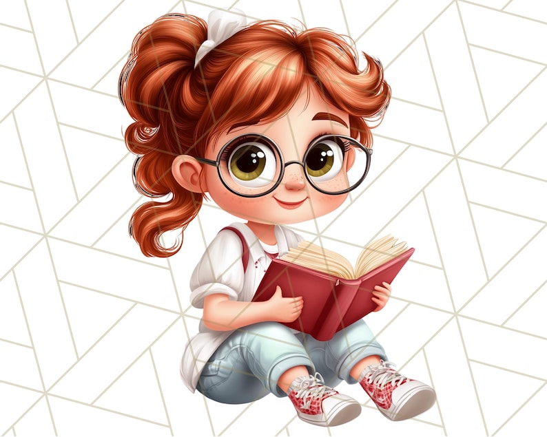 May include: A cartoon illustration of a young girl with red hair wearing glasses and a white shirt, sitting with her legs crossed and reading a red book.