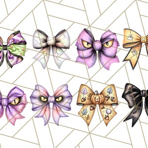 May include: A collection of eight Halloween-themed bows in various colors and designs. The bows feature spooky elements like ghosts, bats, and angry eyes. Some bows have a cracked or distressed appearance, while others showcase autumn leaves and pumpkins.