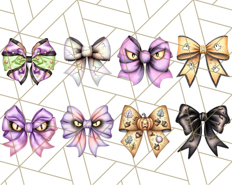 May include: A collection of eight Halloween-themed bows in various colors and designs. The bows feature spooky elements like ghosts, bats, and angry eyes. Some bows have a cracked or distressed appearance, while others showcase autumn leaves and pumpkins.