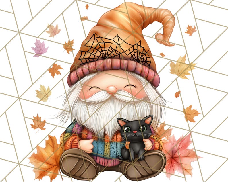 May include: A gnome with a long white beard and a brown hat with a spiderweb design is sitting with a black cat. The gnome is wearing a colorful sweater and has a friendly expression. The gnome and cat are surrounded by autumn leaves.