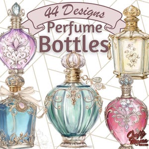 May include: 44 Designs Perfume Bottles illustration featuring five ornate perfume bottles with intricate details. The bottles are in various colors, including pink, blue, green, and gold. The bottles have different shapes and sizes, and each one has a unique design.