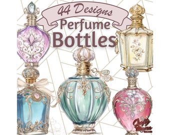 Clipart PNG z flakonem perfum, Clipart luksusowych perfum, Ilustracje modnych perfum, Różowo-złote grafiki perfum, Zestaw projektów kosmetycznych