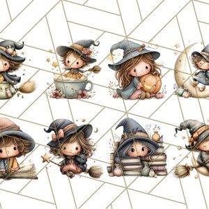May include: A collection of eight whimsical illustrations featuring cute witch characters. Each witch is depicted with a hat, broom, and various Halloween-themed elements like pumpkins, moons, and books. The color palette includes soft pastels and autumnal tones.