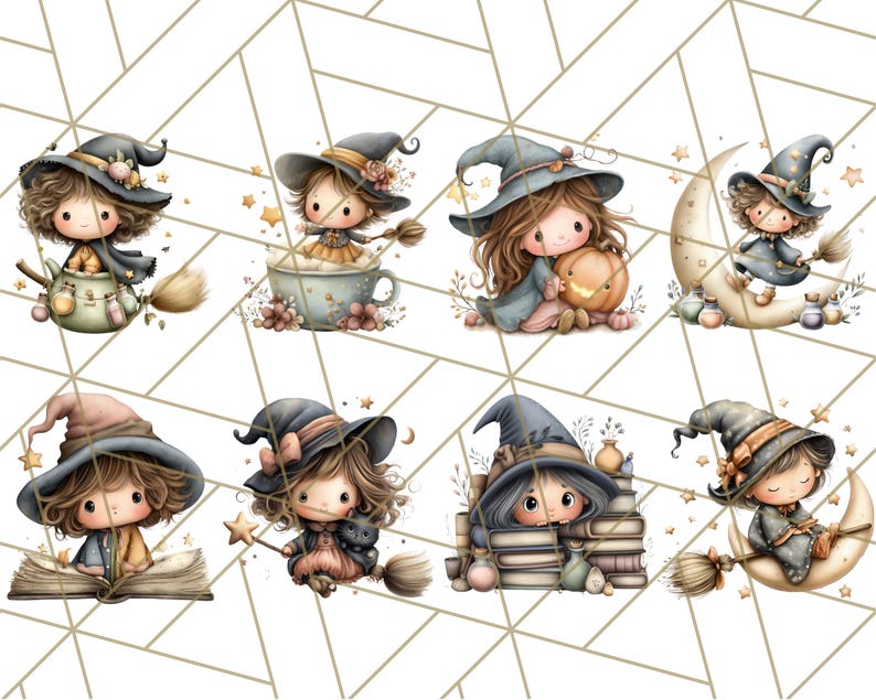 May include: A collection of eight whimsical illustrations featuring cute witch characters. Each witch is depicted with a hat, broom, and various Halloween-themed elements like pumpkins, moons, and books. The color palette includes soft pastels and autumnal tones.