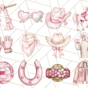 May include: A set of pink and white western-themed clipart images. The set includes a horseshoe, a cowboy hat, a cactus, a disco ball, a pair of gloves, a bandana, a belt buckle, a jacket, a pair of sunglasses, and a horse.
