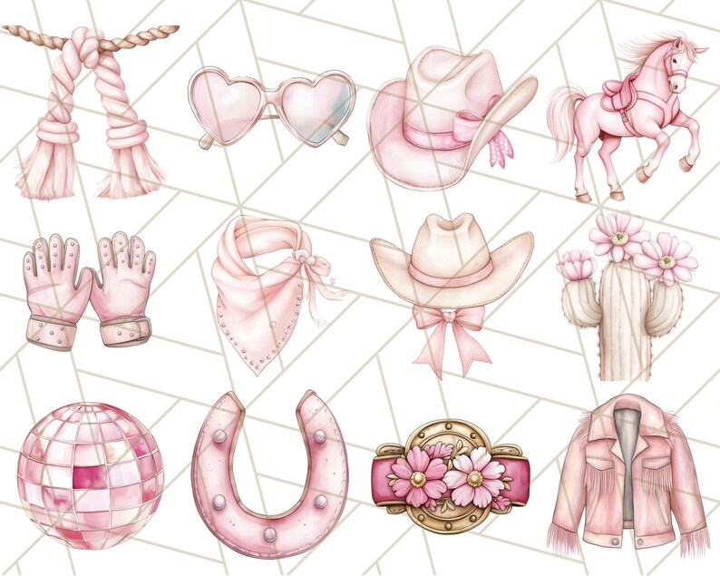 May include: A set of pink and white western-themed clipart images. The set includes a horseshoe, a cowboy hat, a cactus, a disco ball, a pair of gloves, a bandana, a belt buckle, a jacket, a pair of sunglasses, and a horse.