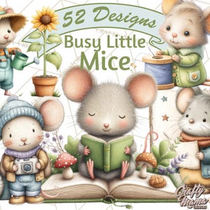 Puede incluir: Ilustración en acuarela con adorables ratones de dibujos animados en diversas actividades. La imagen incluye un girasol, setas y el texto "52 Designs Busy Little Mice". Los ratones se representan con libros, cámaras y herramientas de jardinería.
