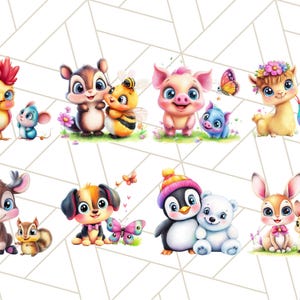 May include: A set of ten colorful cartoon animal illustrations featuring a rooster, squirrel, bee, pig, llama, mouse, reindeer, dog, penguin, and rabbit. Each animal is depicted in a playful and whimsical style.