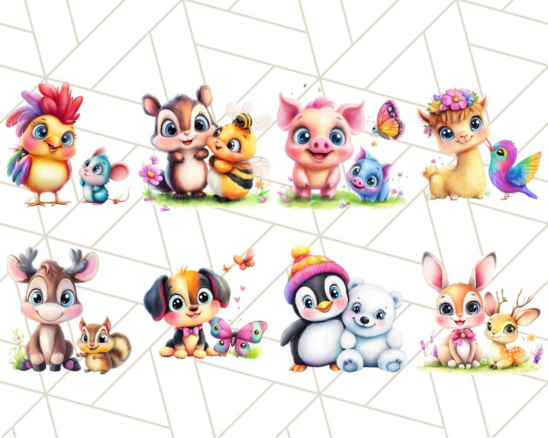 May include: A set of ten colorful cartoon animal illustrations featuring a rooster, squirrel, bee, pig, llama, mouse, reindeer, dog, penguin, and rabbit. Each animal is depicted in a playful and whimsical style.