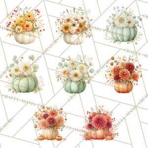 Op de afbeelding: Waterverfillustraties van pompoenen gevuld met bloemen in verschillende kleuren. De pompoenen zijn in tinten wit, oranje en groen. De bloemen zijn in tinten geel, oranje en wit. Het algemene thema is herfst.