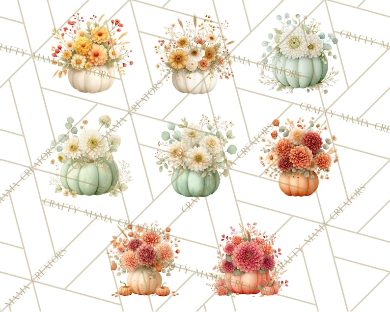 Op de afbeelding: Waterverfillustraties van pompoenen gevuld met bloemen in verschillende kleuren. De pompoenen zijn in tinten wit, oranje en groen. De bloemen zijn in tinten geel, oranje en wit. Het algemene thema is herfst.