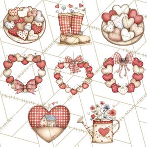 May include: A collection of watercolor illustrations featuring Valentine's Day themes. Includes heart-shaped cookies on plates, red plaid rain boots, heart wreaths with bows, and a watering can with flowers. The color palette is soft, with red, white, and beige tones.