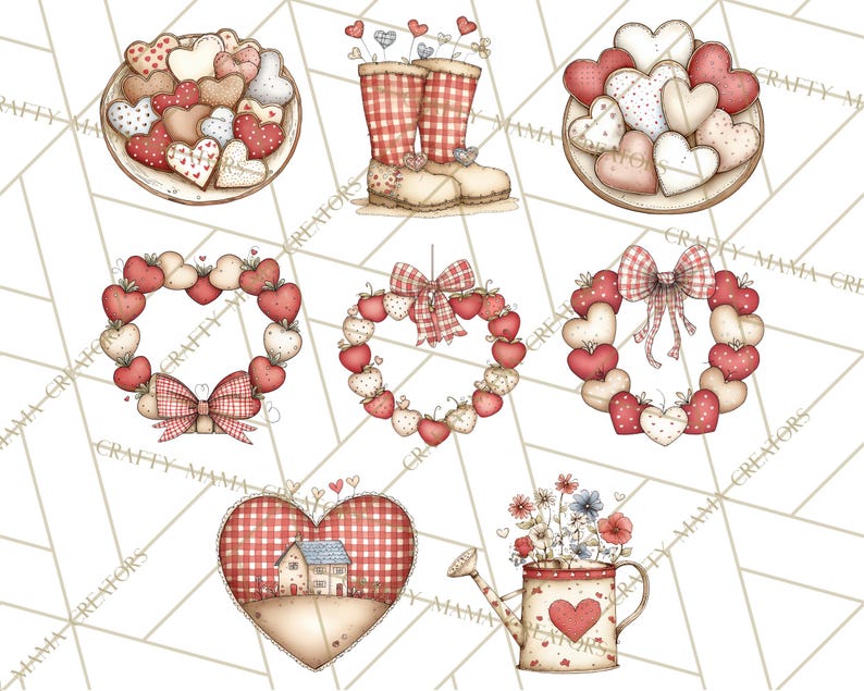 May include: A collection of watercolor illustrations featuring Valentine's Day themes. Includes heart-shaped cookies on plates, red plaid rain boots, heart wreaths with bows, and a watering can with flowers. The color palette is soft, with red, white, and beige tones.