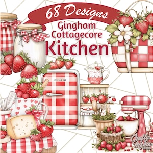 Könnte beinhalten: Eine Sammlung von 68 Gingham- und Cottagecore-Küchen-Designs mit rot-weißen Gingham-Mustern, Erdbeeren, Gläsern, einem roten Kühlschrank, einer Küchenmaschine und einem Stück Käse.