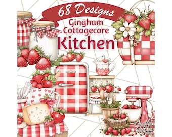 Cottagecore Strawberry Kitchen PNG Clipart, Gingham Teapot, Jam Jars, Pies, Vintage Kitchen Clip Art, Red and White Checkered Clipart
