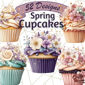 May include: 52 Designs Spring Cupcakes. A collection of five cupcakes decorated with colourful flowers and frosting. The cupcakes are arranged in a circle on a white background.