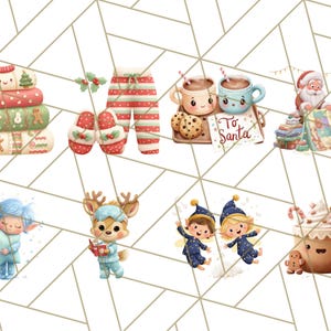 May include: A collection of watercolor illustrations featuring Christmas and winter themes. Includes stacks of blankets, pajamas, slippers, mugs of hot chocolate, Santa Claus, elves, and whimsical characters. The text "To Santa" is visible.