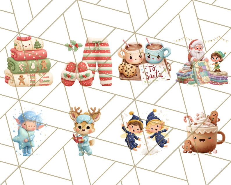 May include: A collection of watercolor illustrations featuring Christmas and winter themes. Includes stacks of blankets, pajamas, slippers, mugs of hot chocolate, Santa Claus, elves, and whimsical characters. The text "To Santa" is visible.