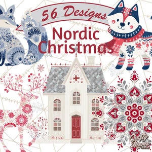 May include: Digital design with a white house, red door, reindeer, fox, and husky dog, all decorated with floral patterns. The words "56 Designs" and "Nordic Christmas" are displayed in red text.