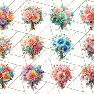 Op de afbeelding: Een verzameling aquarelboeketten in verschillende pastelkleuren, waaronder roze, oranje, blauw en geel. Elk boeket is vastgebonden met een lint en bevat verschillende bloemsoorten. De achtergrond heeft een geometrisch patroon.