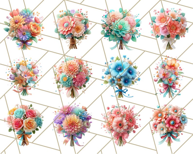 Op de afbeelding: Een verzameling aquarelboeketten in verschillende pastelkleuren, waaronder roze, oranje, blauw en geel. Elk boeket is vastgebonden met een lint en bevat verschillende bloemsoorten. De achtergrond heeft een geometrisch patroon.