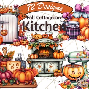 May include: 72 Fall Cottagecore Kitchen designs featuring pumpkins, a fireplace, a stand mixer, and a farmhouse style refrigerator.