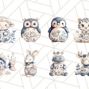 May include: A set of eight adorable animal illustrations featuring a sheep, owl, penguin, leopard, fish, rabbit, hippopotamus, and reindeer. Each animal is depicted in a blue and white floral pattern.