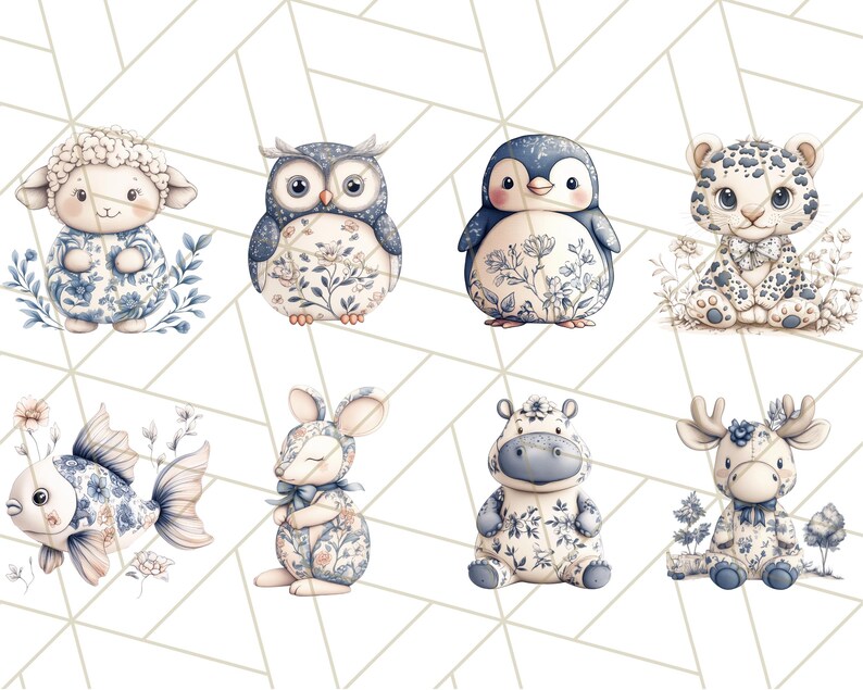 May include: A set of eight adorable animal illustrations featuring a sheep, owl, penguin, leopard, fish, rabbit, hippopotamus, and reindeer. Each animal is depicted in a blue and white floral pattern.