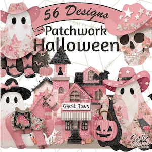 May include: A digital collection titled 56 Designs Patchwork Halloween featuring pink and black illustrations of ghosts in cowboy hats, a skull with a floral pattern, a pink horse, and a pink building labeled Ghost Town with a jack-o'-lantern.