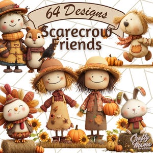 May include: A colourful illustration featuring a variety of scarecrow and animal characters, such as a squirrel, bird, and rabbit, with pumpkins and sunflowers. The image includes the text "64 Designs Scarecrow Friends".
