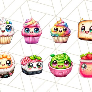 Puede incluir: Un conjunto de ocho ilustraciones de comida kawaii que presentan un cupcake con glaseado rosa y chispas de arco&iacute;ris, un cupcake con glaseado azul y chispas de arco&iacute;ris, un cupcake con glaseado amarillo y chispas de arco&iacute;ris, una rebanada de tostada con una carita feliz, un rollo de sushi con una carita feliz, un rollo de sushi con ingredientes rosas y verdes, un taz&oacute;n de guacamole verde con una carita feliz y un frasco de mermelada de fresa con una carita feliz.