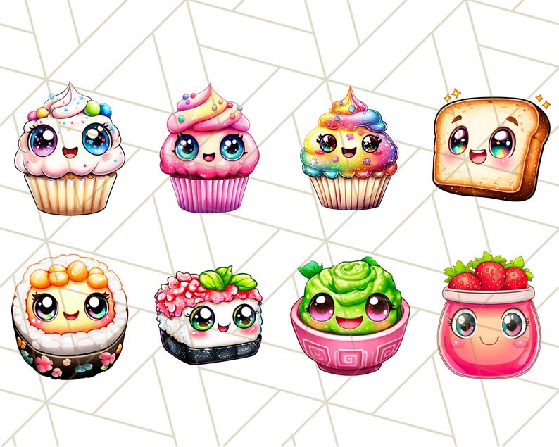Puede incluir: Un conjunto de ocho ilustraciones de comida kawaii que presentan un cupcake con glaseado rosa y chispas de arco&iacute;ris, un cupcake con glaseado azul y chispas de arco&iacute;ris, un cupcake con glaseado amarillo y chispas de arco&iacute;ris, una rebanada de tostada con una carita feliz, un rollo de sushi con una carita feliz, un rollo de sushi con ingredientes rosas y verdes, un taz&oacute;n de guacamole verde con una carita feliz y un frasco de mermelada de fresa con una carita feliz.
