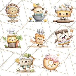 May include: Watercolor illustrations of adorable baked goods characters, including a cupcake with a chef's hat, a pie slice with a lime, and a donut with a crown. Each character has a smiling face and is decorated with various ingredients.