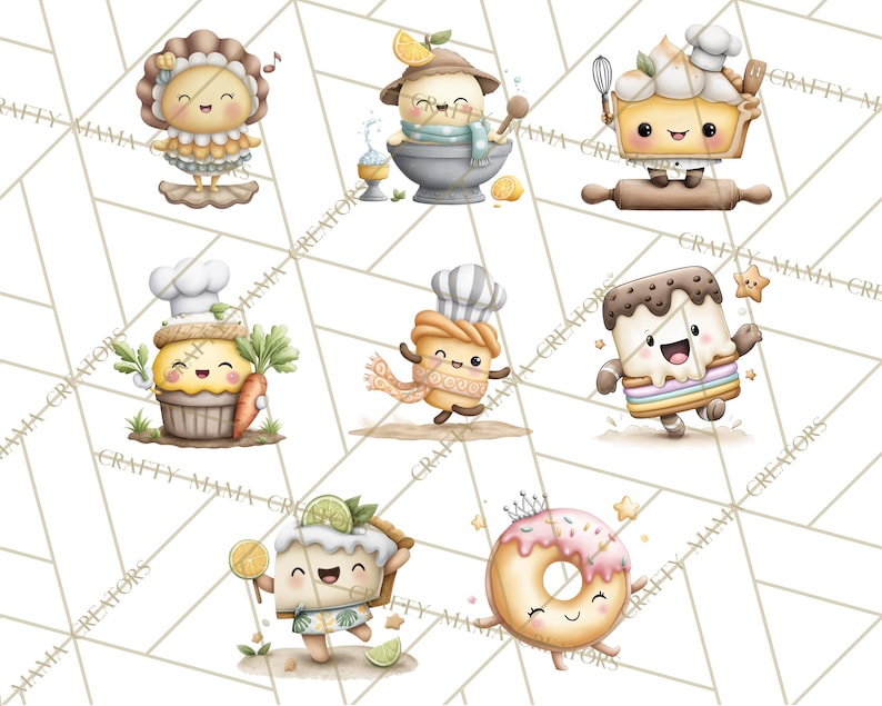 May include: Watercolor illustrations of adorable baked goods characters, including a cupcake with a chef's hat, a pie slice with a lime, and a donut with a crown. Each character has a smiling face and is decorated with various ingredients.
