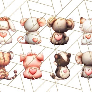 May include: Eight different animal illustrations with a heart on their back. The animals are a bunny, mouse, koala, fox, tiger, pig, skunk, and elephant. The illustrations are in a cartoon style and have a soft, pastel color palette.