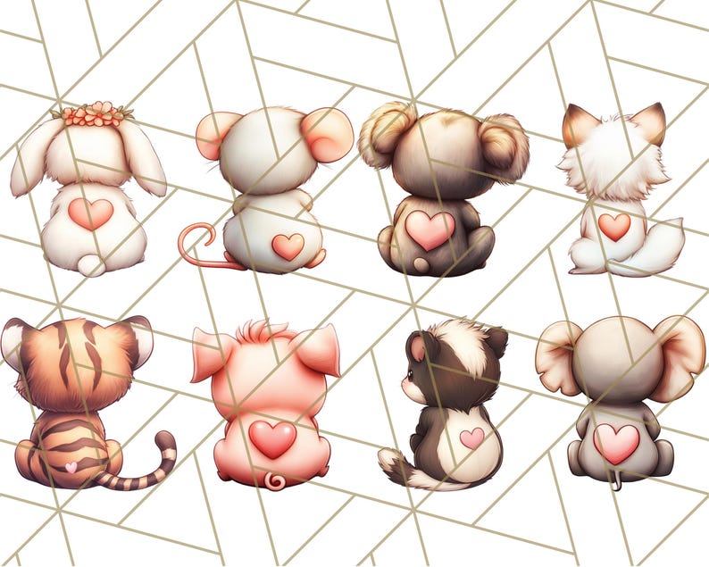 May include: Eight different animal illustrations with a heart on their back. The animals are a bunny, mouse, koala, fox, tiger, pig, skunk, and elephant. The illustrations are in a cartoon style and have a soft, pastel color palette.