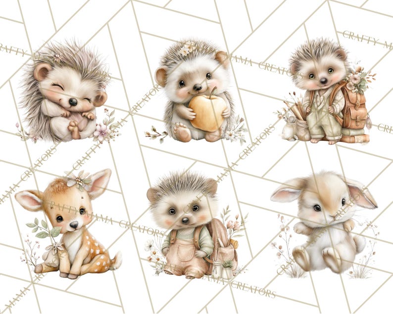Puede incluir: Seis ilustraciones en acuarela de criaturas del bosque. La imagen presenta un erizo sonriente, un erizo sosteniendo una manzana, un erizo con una mochila, un cervatillo, un erizo con peto y un conejo.
