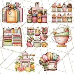 May include: A selection of watercolour illustrations with a kitchen theme. The image includes chopping boards, jars, cupcakes, a shelf with tea towels, teacups, a colander, a coffee grinder, and a chef's hat. The colour scheme is soft, with pastel pinks, greens, and yellows.