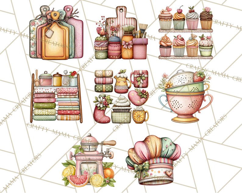 May include: A selection of watercolour illustrations with a kitchen theme. The image includes chopping boards, jars, cupcakes, a shelf with tea towels, teacups, a colander, a coffee grinder, and a chef's hat. The colour scheme is soft, with pastel pinks, greens, and yellows.