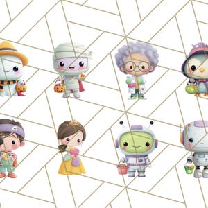May include: A collection of eight cartoon characters dressed in Halloween costumes. The characters include a ghost, mummy, scientist, penguin, pirate, princess, alien, and robot. Each character is holding a trick-or-treat basket.