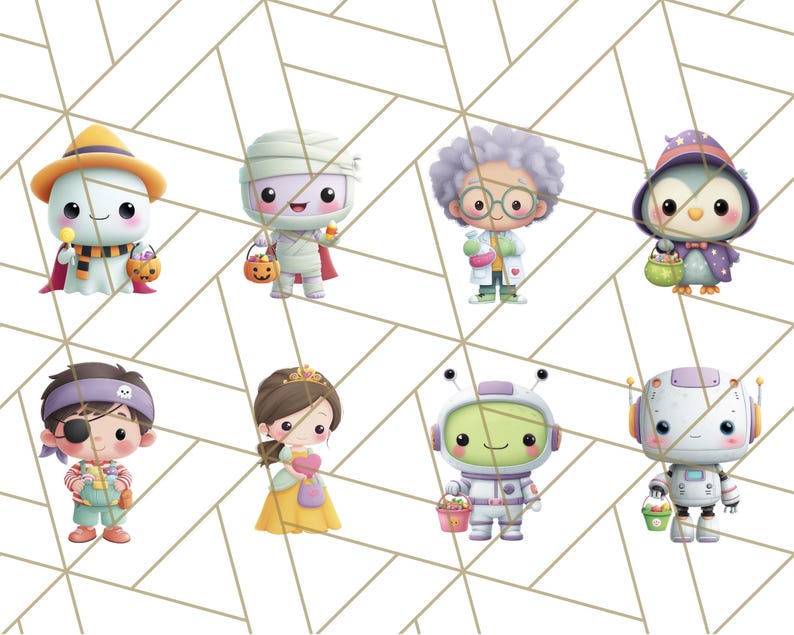 May include: A collection of eight cartoon characters dressed in Halloween costumes. The characters include a ghost, mummy, scientist, penguin, pirate, princess, alien, and robot. Each character is holding a trick-or-treat basket.