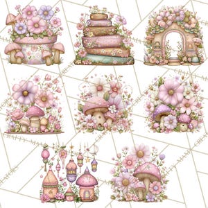 May include: Watercolor illustrations of whimsical fairy houses, mushrooms, and flowers in soft pastel colors. The images feature a variety of designs, including mushroom houses, floral arches, and stacks of books adorned with flowers, perfect for digital art projects.