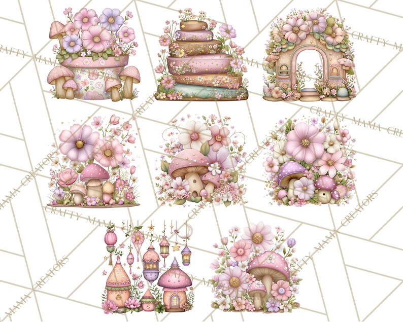 May include: Watercolor illustrations of whimsical fairy houses, mushrooms, and flowers in soft pastel colors. The images feature a variety of designs, including mushroom houses, floral arches, and stacks of books adorned with flowers, perfect for digital art projects.