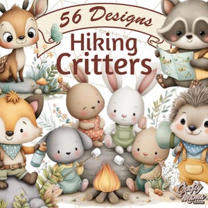 May include: An illustration featuring a collection of adorable cartoon animals, including a deer, raccoon, fox, rabbit, and hedgehog, all engaged in outdoor activities. The image includes the text "56 Designs Hiking Critters."