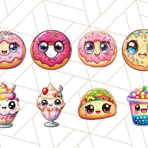 Puede incluir: Un conjunto de ocho ilustraciones de comida de dibujos animados con donas, helados, un taco y t&eacute; de burbujas. Cada art&iacute;culo de comida tiene una cara linda con ojos grandes y una sonrisa.