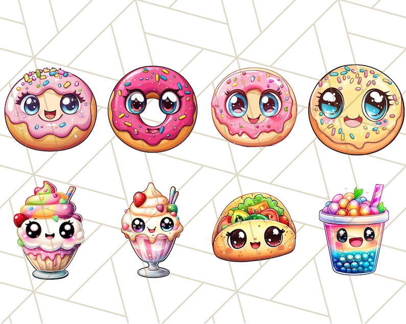Puede incluir: Un conjunto de ocho ilustraciones de comida de dibujos animados con donas, helados, un taco y t&eacute; de burbujas. Cada art&iacute;culo de comida tiene una cara linda con ojos grandes y una sonrisa.